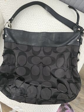 Coach Black Signature Canvas Shoulder Bag with Leather Trim